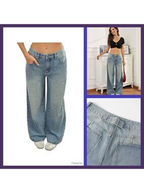 High Rise Straight Leg Jeans Snap Button Buckle Back Denim Pants